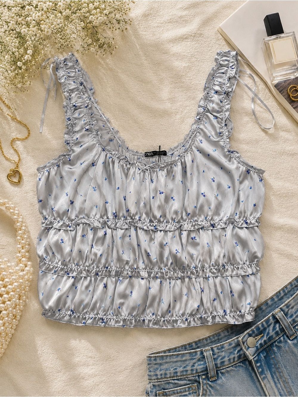 Zara Gray Satin Floral Cropped Ruffle Tank Top XL Coquette Cottagecore